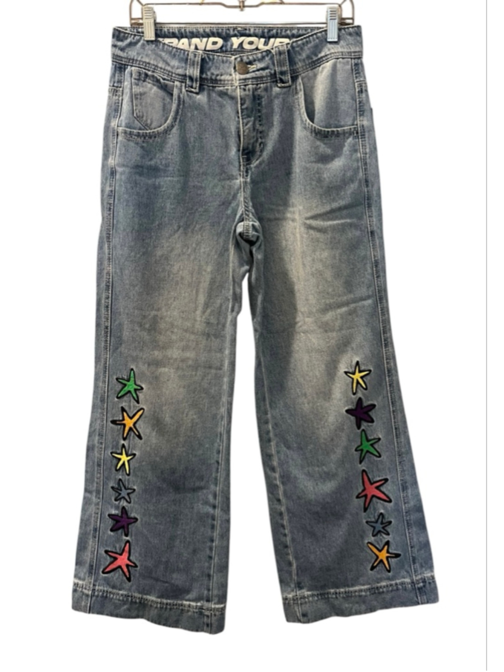 A. LAB Ether Stars Blue Ultra Loose 90's Inspired Embroidered Stars Jeans Size 4 - Picture 1 of 13